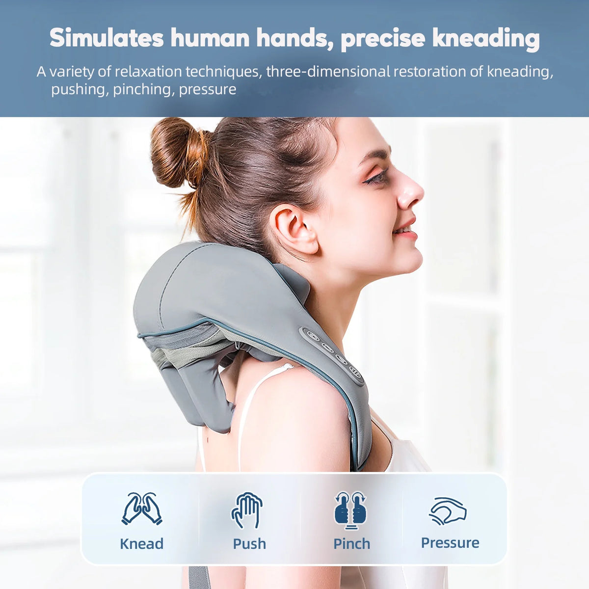 Woman wearing the grey Shiatsu massager on her neck and shoulders